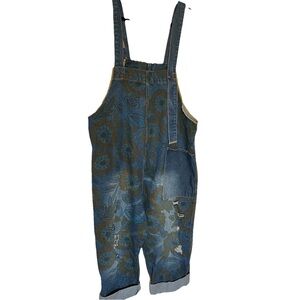 Monthorigin Floral Print Jean Bib Overalls Size XL Blue Denim with Flowers